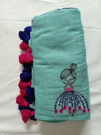 Light Green Mul Mul Cotton Sarees with Doll Embroidery