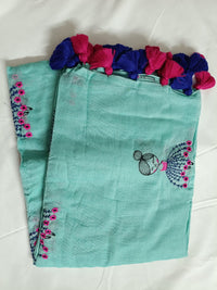 Light Green Mul Mul Cotton Sarees with Doll Embroidery
