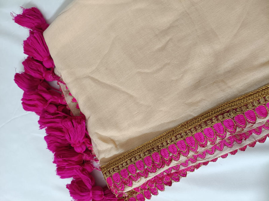 Biege Pink Lace Border Mul Mul Cotton Saree  By Ethnic Dori