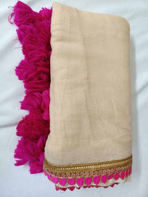 Biege Pink Lace Border Mul Mul Cotton Saree  By Ethnic Dori