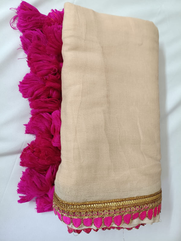 Biege Pink Lace Border Mul Mul Cotton Saree  By Ethnic Dori
