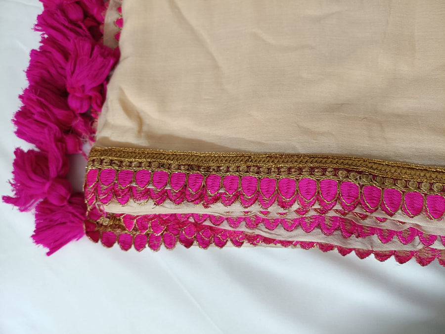 Biege Pink Lace Border Mul Mul Cotton Saree  By Ethnic Dori