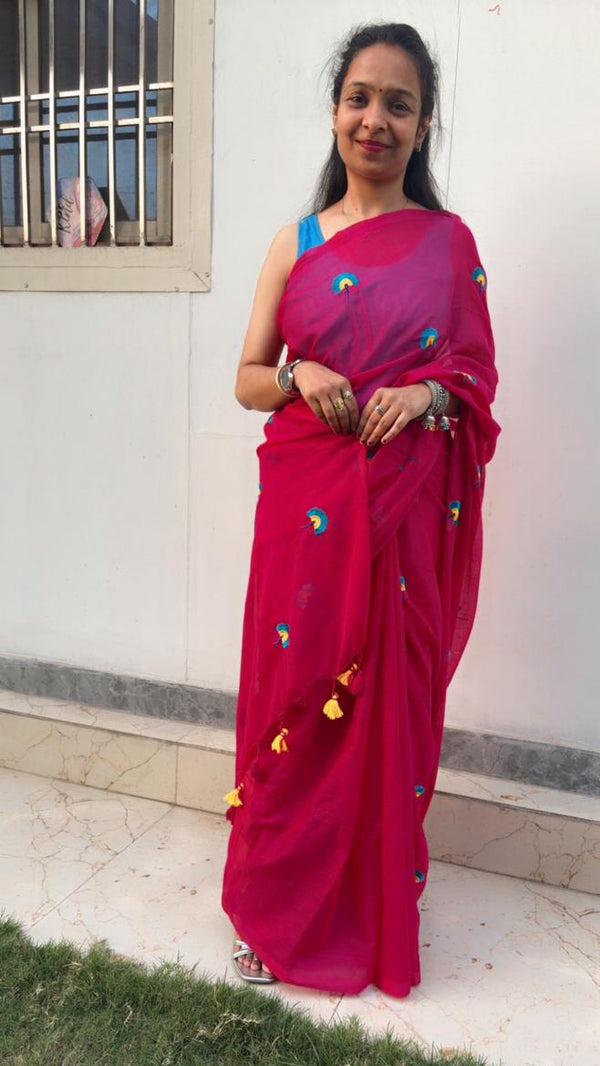 Pankhi Pop Gulabi Mul Mul Cotton Saree with Multi Color Flower Embroidery