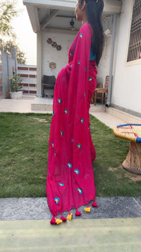 Pankhi Pop Gulabi Mul Mul Cotton Saree with Multi Color Flower Embroidery