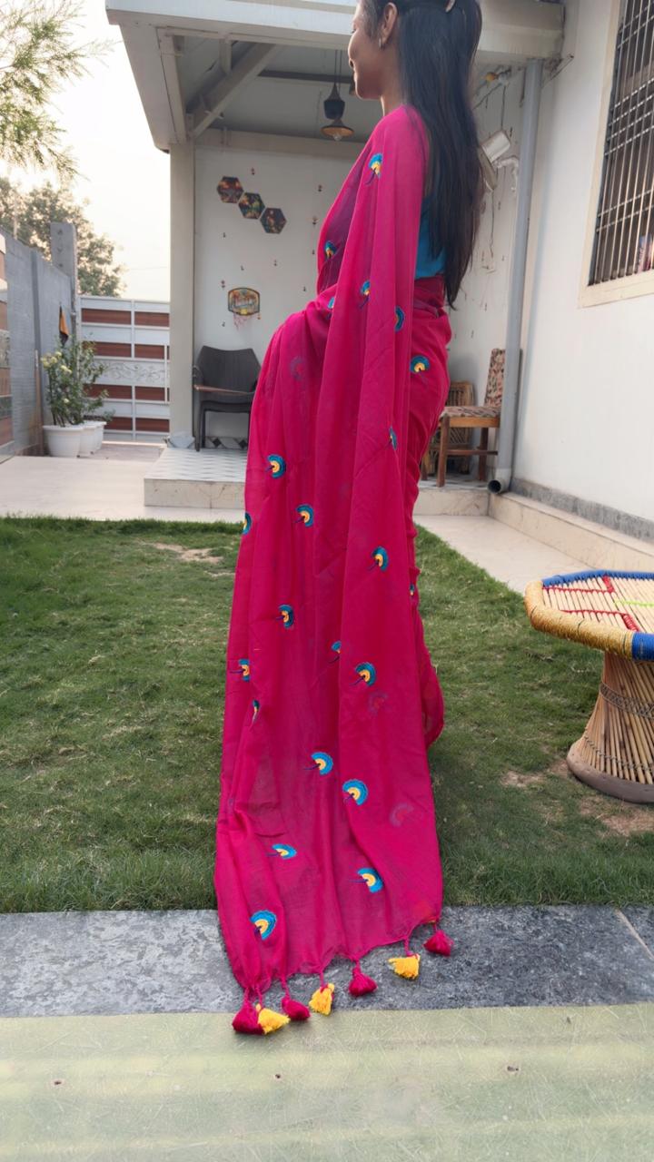 Pankhi Pop Gulabi Mul Mul Cotton Saree with Multi Color Flower Embroidery