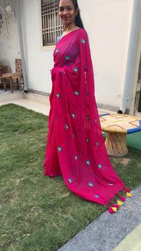 Pankhi Pop Gulabi Mul Mul Cotton Saree with Multi Color Flower Embroidery