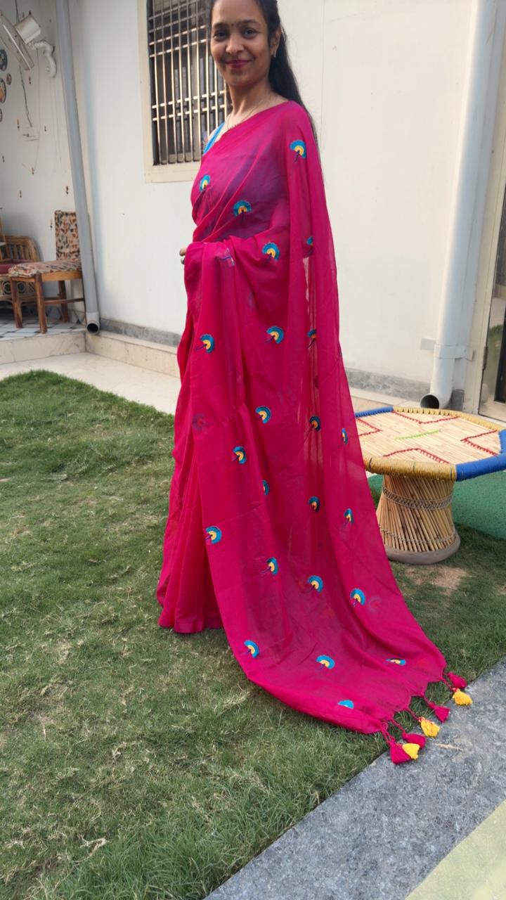 Pankhi Pop Gulabi Mul Mul Cotton Saree with Multi Color Flower Embroidery