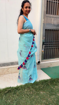 Light Green Mul Mul Cotton Sarees with Doll Embroidery