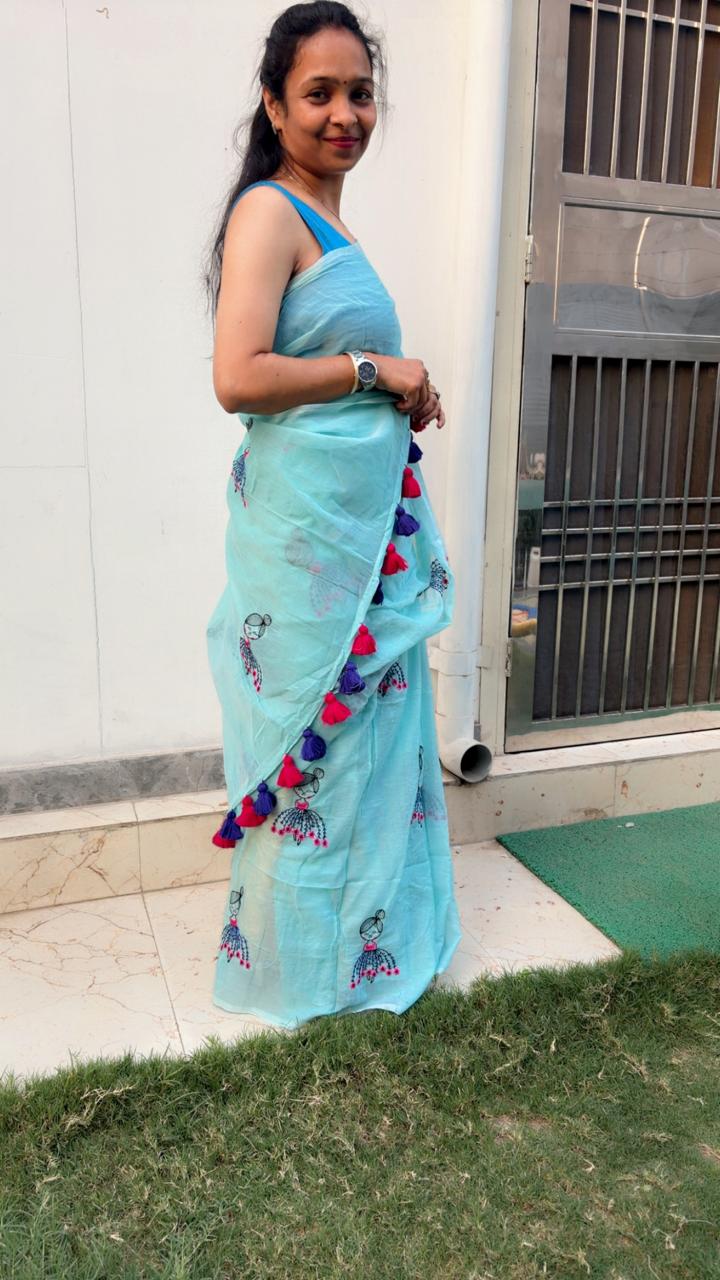 Light Green Mul Mul Cotton Sarees with Doll Embroidery