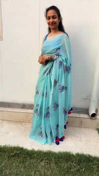 Light Green Mul Mul Cotton Sarees with Doll Embroidery