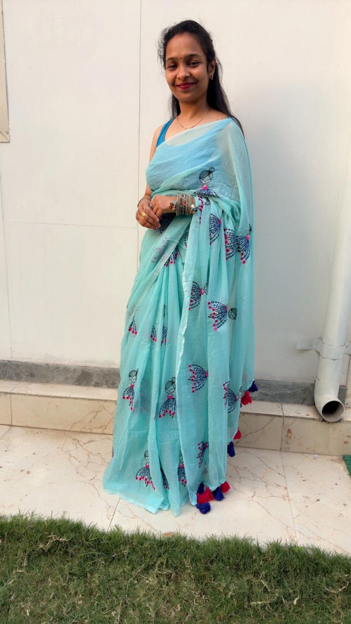 Light Green Mul Mul Cotton Sarees with Doll Embroidery