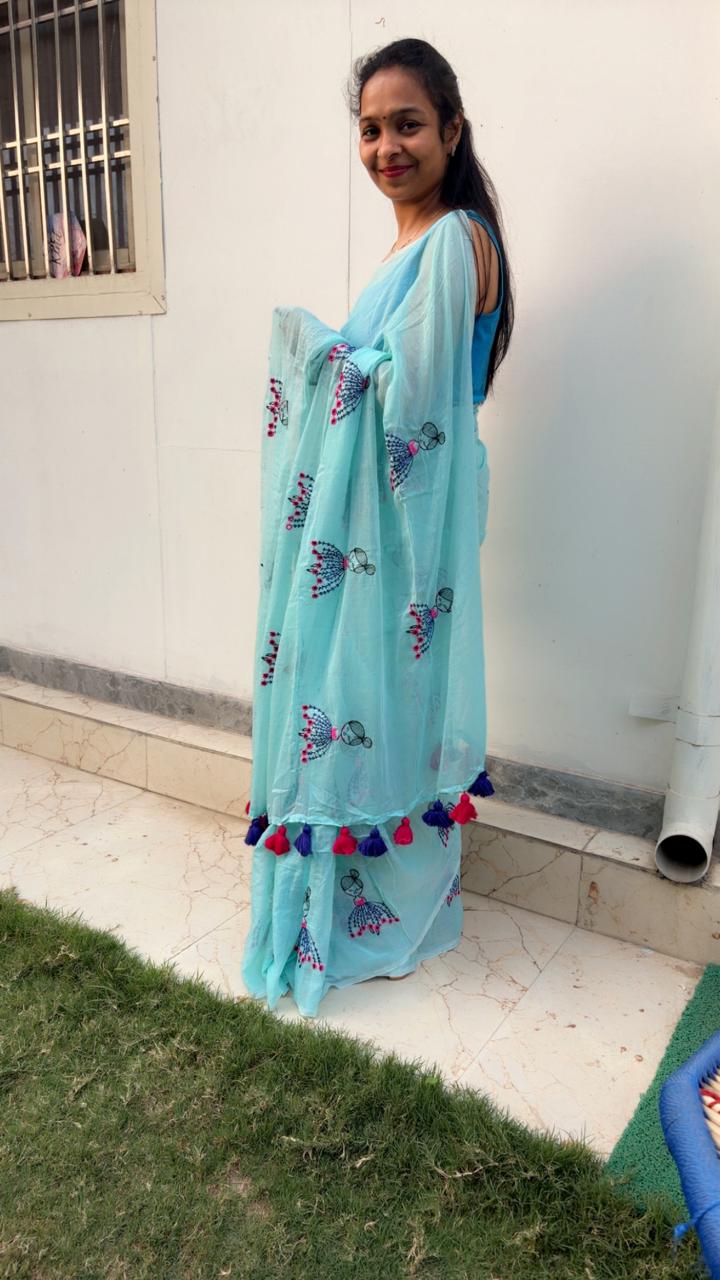 Light Green Mul Mul Cotton Sarees with Doll Embroidery