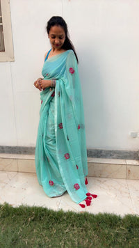 Green Gulab Mul Mul Cotton Saree with Tassels  By Ethnic Dori