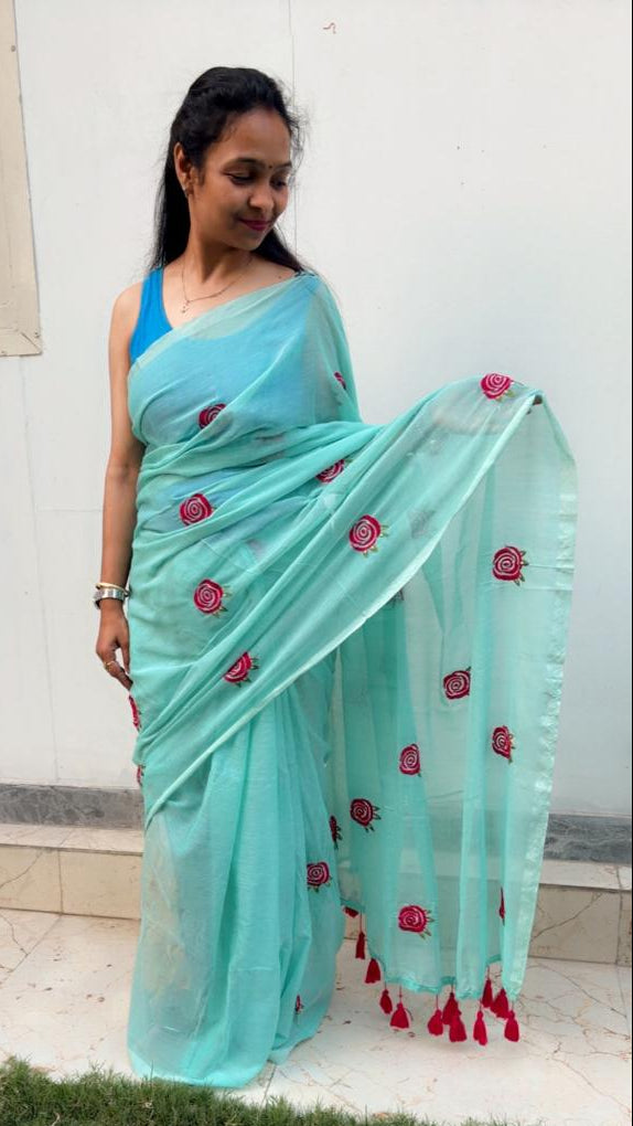 Green Gulab Mul Mul Cotton Saree with Tassels  By Ethnic Dori