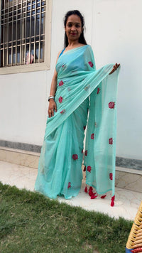 Green Gulab Mul Mul Cotton Saree with Tassels  By Ethnic Dori