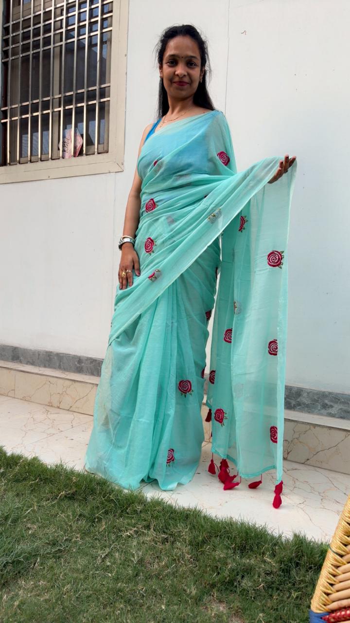 Green Gulab Mul Mul Cotton Saree with Tassels  By Ethnic Dori