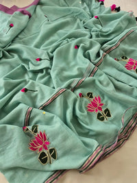 Mint Lotus Bloom Mul Mul Cotton Saree By Ethnic Dori