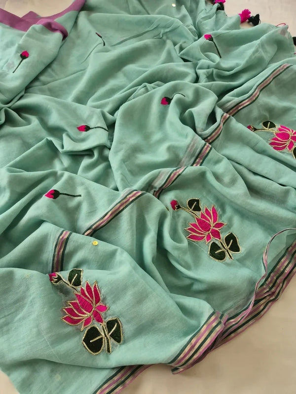 Mint Lotus Bloom Mul Mul Cotton Saree By Ethnic Dori
